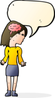 cartoon clever woman shrugging shoulders with speech bubble png