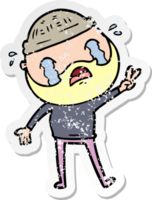 distressed sticker of a cartoon bearded man crying png