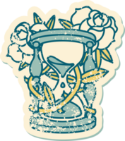 iconico afflitto etichetta tatuaggio stile Immagine di un ora bicchiere e fiori png