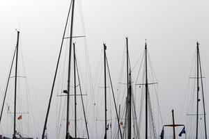 Masts in the port against the blue sky. photo