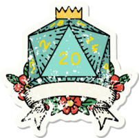 grunge sticker of a natural 20 critical hit D20 dice roll png