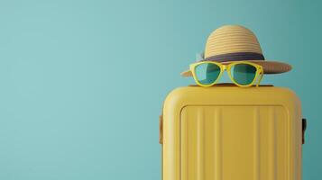 Yellow suitcase and hat. photo