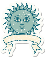 worn old sticker with banner of a sun with face png