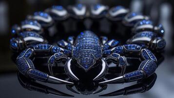 An edgy, futuristic scorpion-shaped bracelet featuring neon blue sapphires and polished silver. photo