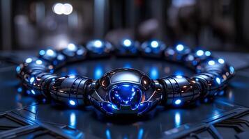 un tenso, futurista en forma de escorpión pulsera presentando neón azul zafiros y pulido plata. foto