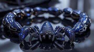 un tenso, futurista en forma de escorpión pulsera presentando neón azul zafiros y pulido plata. foto