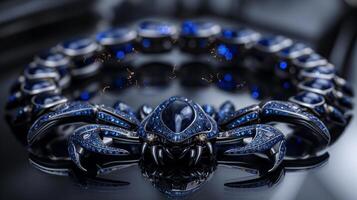 An edgy, futuristic scorpion-shaped bracelet featuring neon blue sapphires and polished silver. photo