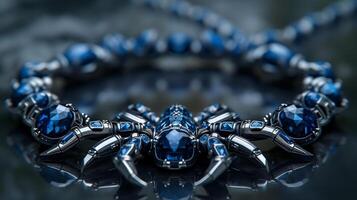 An edgy, futuristic scorpion-shaped bracelet featuring neon blue sapphires and polished silver. photo