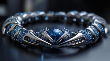 An edgy, futuristic scorpion-shaped bracelet featuring neon blue sapphires and polished silver. photo