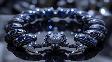 An edgy, futuristic scorpion-shaped bracelet featuring neon blue sapphires and polished silver. photo