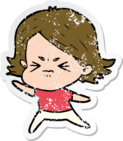 distressed sticker of a cartoon angry girl png