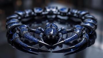 An edgy, futuristic scorpion-shaped bracelet featuring neon blue sapphires and polished silver. photo