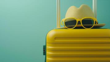 Yellow suitcase and hat. photo