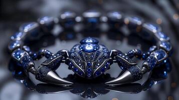 An edgy, futuristic scorpion-shaped bracelet featuring neon blue sapphires and polished silver. photo