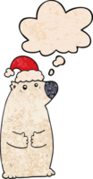 cartoon bear wearing christmas hat with thought bubble in grunge texture style png