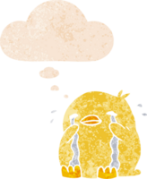 dibujos animados llorando pájaro con pensamiento burbuja en grunge afligido retro texturizado estilo png