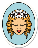 klistermärke av tatuering i traditionell stil av en jungfru med ögon stängd png