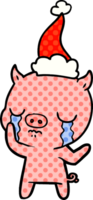 hand drawn comic book style illustration of a pig crying wearing santa hat png