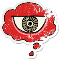 cartoon eye symbol with thought bubble as a distressed worn sticker png