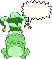 main tiré discours bulle dessin animé grenouille portant bouffon chapeau png