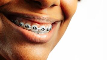Healthy smile with braces over white background. photo