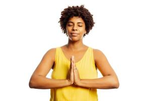 Calm woman relaxing meditating, no stress free relief at work concept, mindful peaceful young businesswoman or student practicing breathing yoga exercises on isolated over lavender background photo