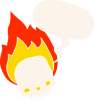 spooky cartoon flaming skull with speech bubble in retro style png