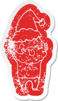 Distressed sticker of a man with beard sticking out tongue wearing santa hat png