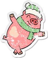 distressed sticker of a cartoon pig wearing christmas hat png