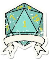 adesivo grunge de um rolo de dados natural de um d20 png