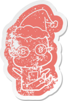 excentrique dessin animé affligé autocollant de une bizarre chauve astronaute portant Père Noël chapeau png