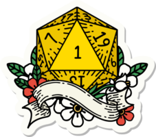 sticker of a natural one d20 dice roll png