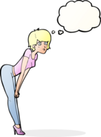 mujer de dibujos animados mirando algo con burbuja de pensamiento png