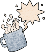 cartoon hot cup of coffee with speech bubble in retro texture style png