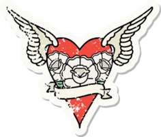 distressed sticker tattoo in traditional style of a flying heart with flowers and banner png