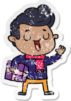 distressed sticker of a happy cartoon man png