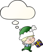 cartoon happy christmas elf with thought bubble in smooth gradient style png