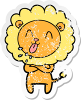 distressed sticker of a happy cartoon lion png