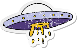 verontruste sticker van een cartoon vliegende ufo png