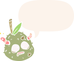 cartoon rotting old pear with worm with speech bubble in retro style png