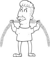 hand drawn black and white cartoon man lifting chain png