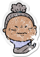 distressed sticker of a cartoon annoyed old lady png