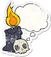 cartoon skull and candle with thought bubble as a distressed worn sticker png