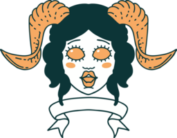 Retro Tattoo Style tiefling character face with scroll banner png