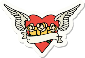 sticker of tattoo in traditional style of heart with wings flowers and banner png