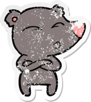 distressed sticker of a cartoon whistling bear png