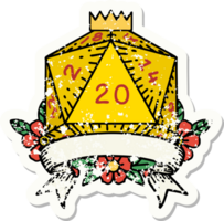 grunge sticker van een natuurlijk 20 kritiek raken d20 Dobbelsteen rollen png