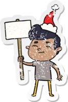 happy hand drawn distressed sticker cartoon of a man with sign wearing santa hat png