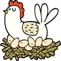 comic book style cartoon chicken on nest of eggs png