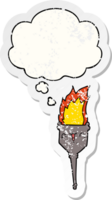 cartoon flaming chalice with thought bubble as a distressed worn sticker png